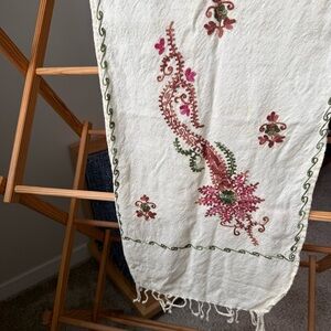 Embroidered Cream Table Runner with Pink & Green Floral Motif